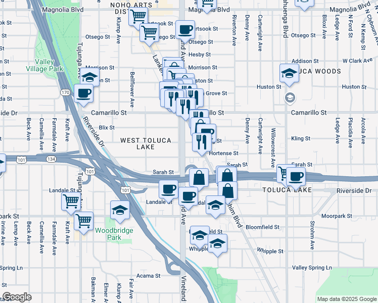 map of restaurants, bars, coffee shops, grocery stores, and more near 10945 Hortense Street in Los Angeles