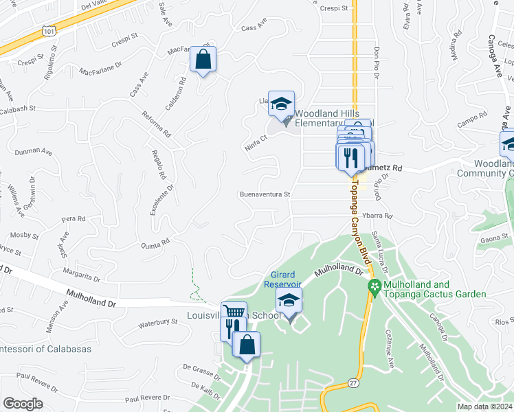 map of restaurants, bars, coffee shops, grocery stores, and more near 22263 Flanco Road in Los Angeles