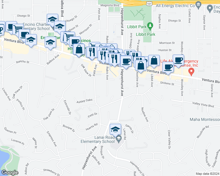 map of restaurants, bars, coffee shops, grocery stores, and more near 4614 Rubio Avenue in Los Angeles