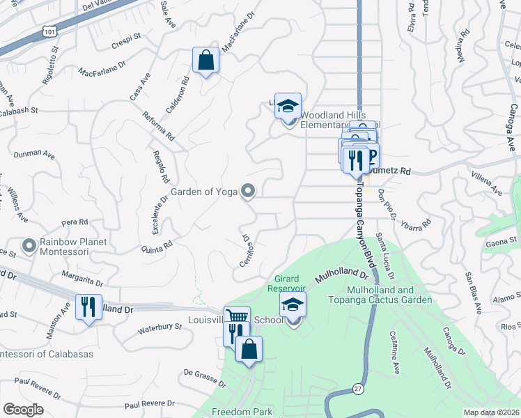 map of restaurants, bars, coffee shops, grocery stores, and more near 4780 Cerrillos Drive in Los Angeles