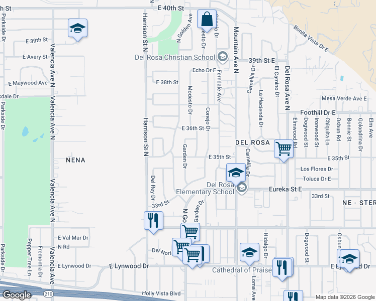 map of restaurants, bars, coffee shops, grocery stores, and more near 3513 Garden Drive in San Bernardino
