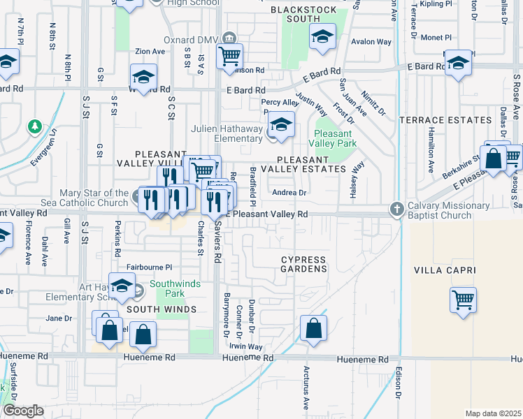 map of restaurants, bars, coffee shops, grocery stores, and more near 321 East Pleasant Valley Road in Oxnard