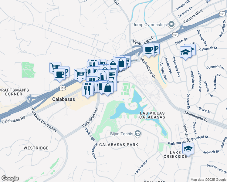 map of restaurants, bars, coffee shops, grocery stores, and more near 23500 Park Sorrento in Calabasas