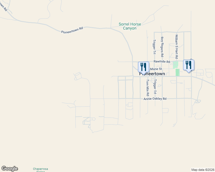 map of restaurants, bars, coffee shops, grocery stores, and more near 5415 Red Ryder Road in Pioneertown