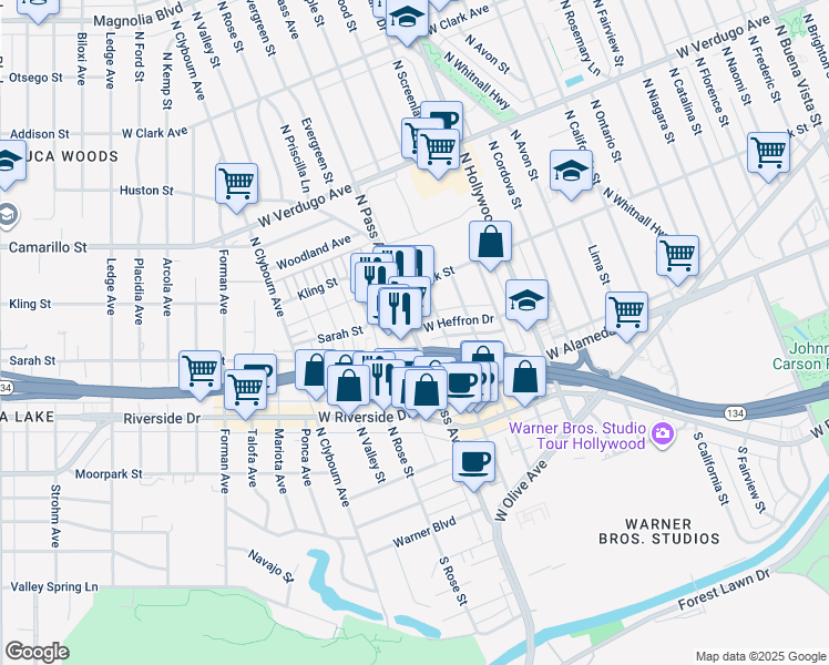 map of restaurants, bars, coffee shops, grocery stores, and more near North Pass Avenue & West Heffron Drive in Burbank