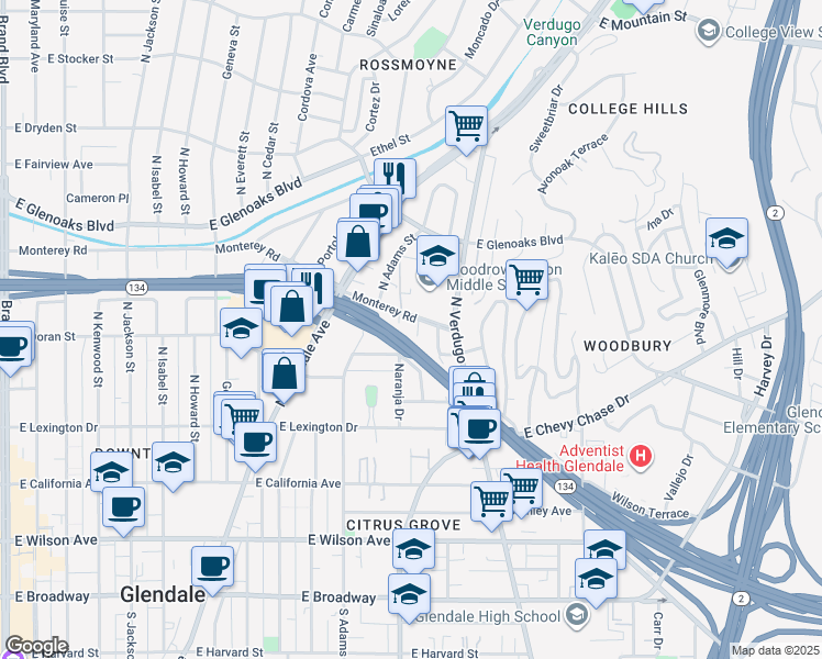 map of restaurants, bars, coffee shops, grocery stores, and more near 621 Galer Place in Glendale