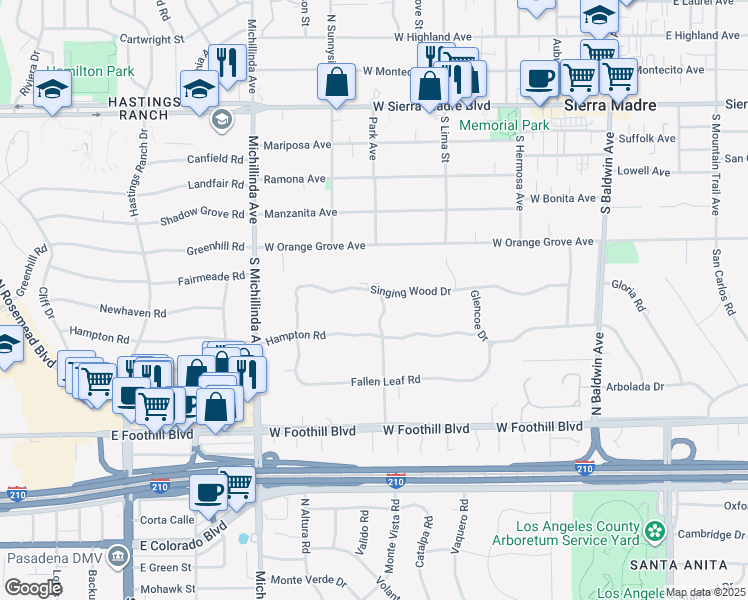 map of restaurants, bars, coffee shops, grocery stores, and more near 1004 Singing Wood Drive in Arcadia