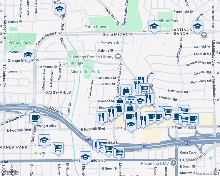 map of restaurants, bars, coffee shops, grocery stores, and more near 504 Mercury Lane in Pasadena