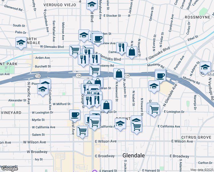 map of restaurants, bars, coffee shops, grocery stores, and more near 605 North Louise Street in Glendale