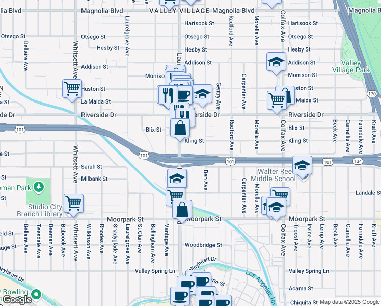 map of restaurants, bars, coffee shops, grocery stores, and more near 12014 Kling Street in Los Angeles