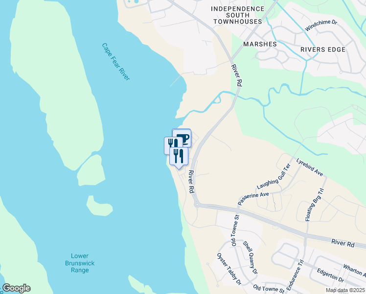 map of restaurants, bars, coffee shops, grocery stores, and more near 3605 Watercraft Ferry Avenue in Wilmington
