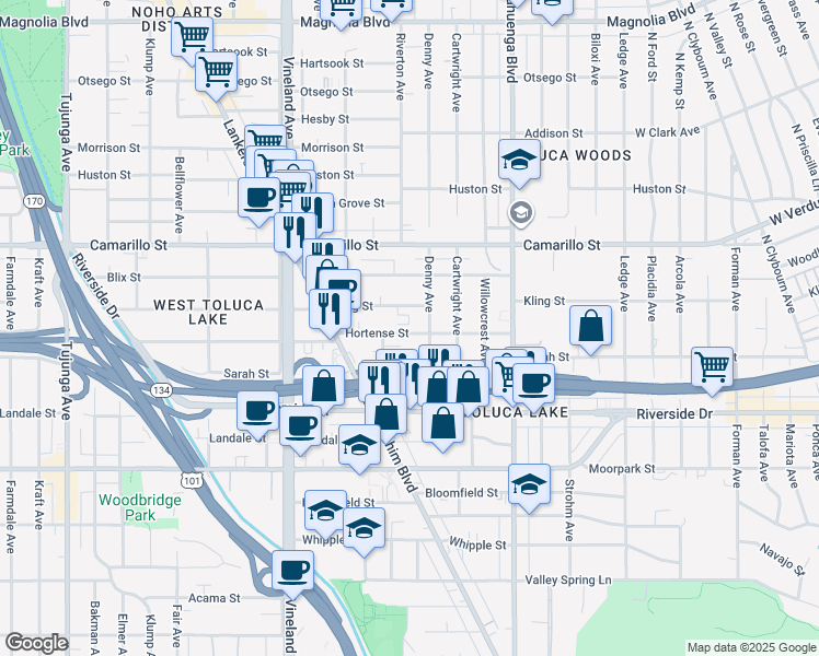 map of restaurants, bars, coffee shops, grocery stores, and more near 10757 Hortense Street in Los Angeles