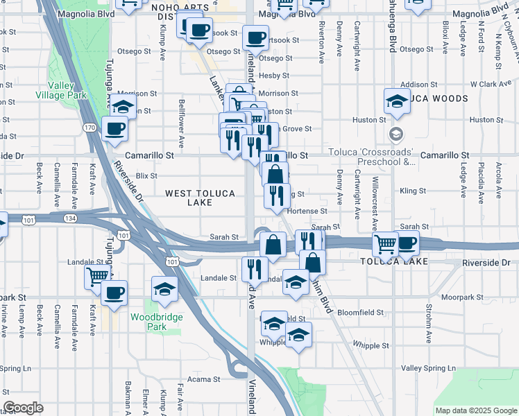 map of restaurants, bars, coffee shops, grocery stores, and more near 10945 Hortense Street in Los Angeles