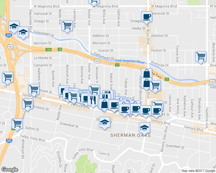 map of restaurants, bars, coffee shops, grocery stores, and more near 4630 Willis Avenue in Los Angeles