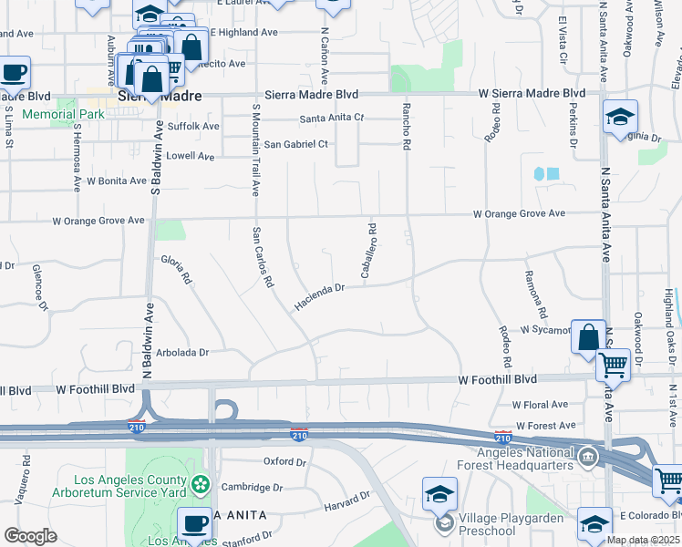 map of restaurants, bars, coffee shops, grocery stores, and more near 1414 Carmelita Place in Arcadia