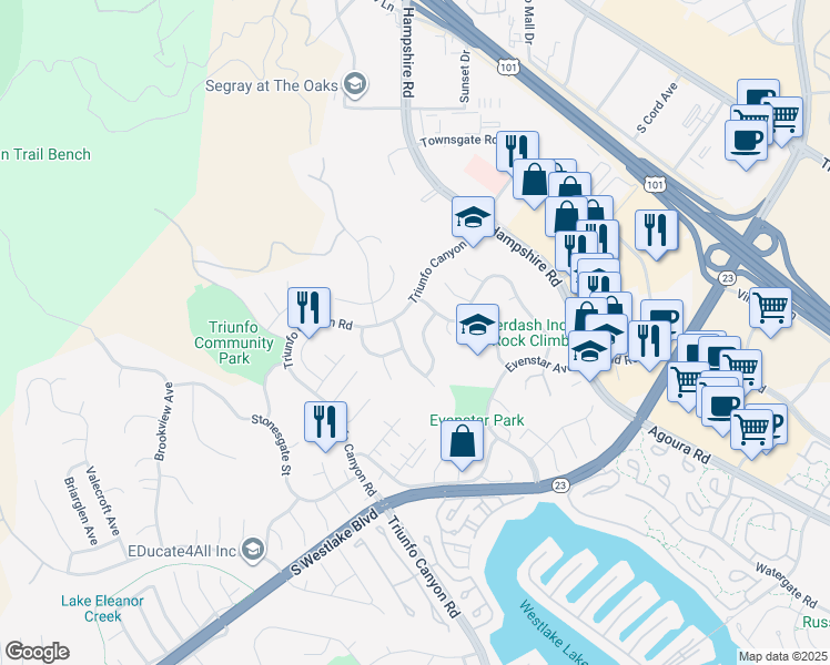 map of restaurants, bars, coffee shops, grocery stores, and more near 869 Blue Spring Dr in Westlake Village
