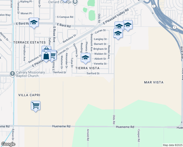 map of restaurants, bars, coffee shops, grocery stores, and more near 2001 Sanford Street in Oxnard