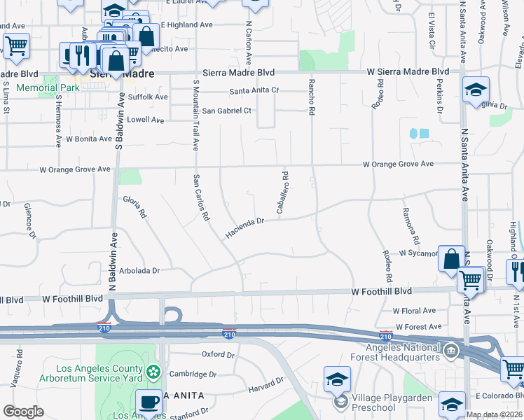 map of restaurants, bars, coffee shops, grocery stores, and more near 1414 Carmelita Place in Arcadia