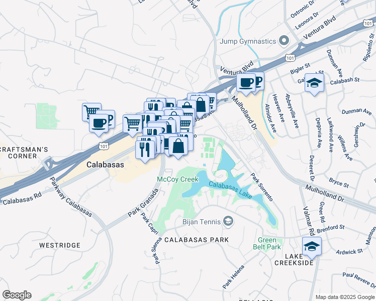 map of restaurants, bars, coffee shops, grocery stores, and more near 23500 Park Sorrento in Calabasas