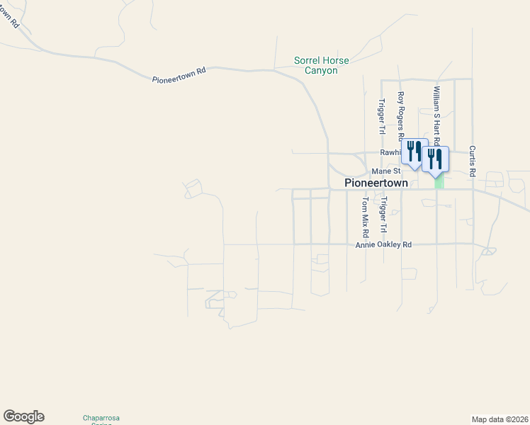 map of restaurants, bars, coffee shops, grocery stores, and more near 5415 Red Ryder Road in Pioneertown