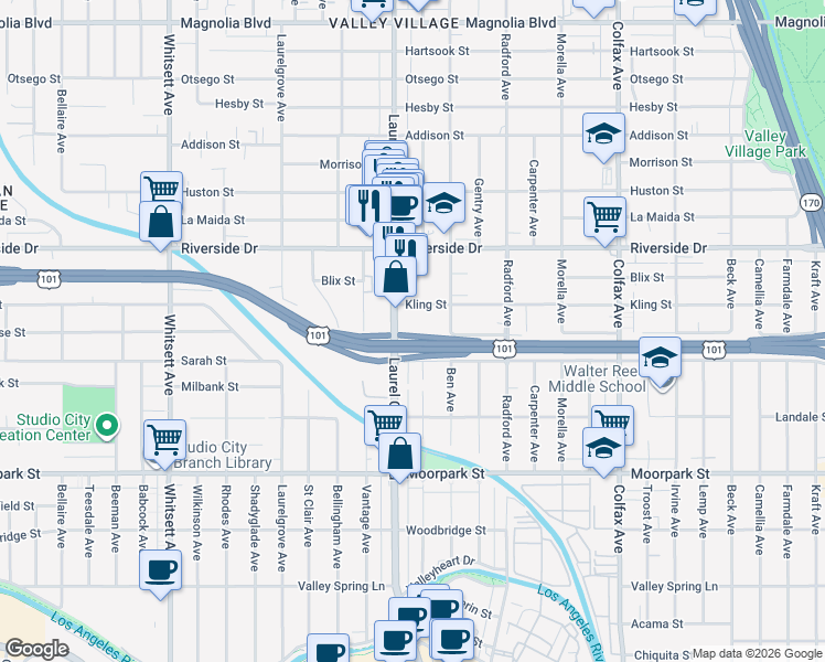 map of restaurants, bars, coffee shops, grocery stores, and more near 4636 Laurel Canyon Boulevard in Los Angeles