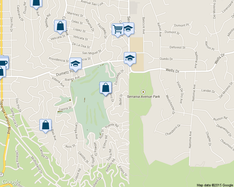 map of restaurants, bars, coffee shops, grocery stores, and more near 4660 Abargo St in Woodland Hills