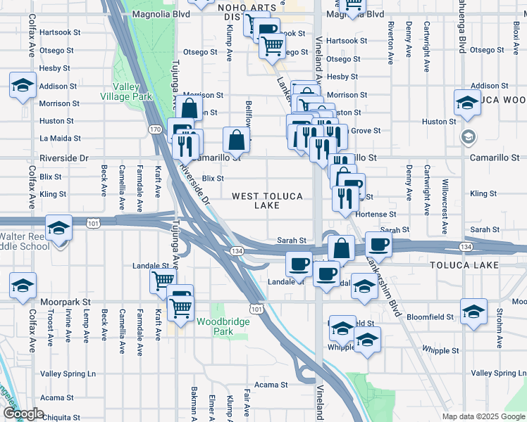 map of restaurants, bars, coffee shops, grocery stores, and more near 4635 Bellflower Avenue in Los Angeles