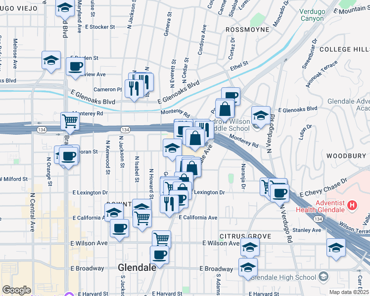 map of restaurants, bars, coffee shops, grocery stores, and more near 561 North Glendale Avenue in Glendale