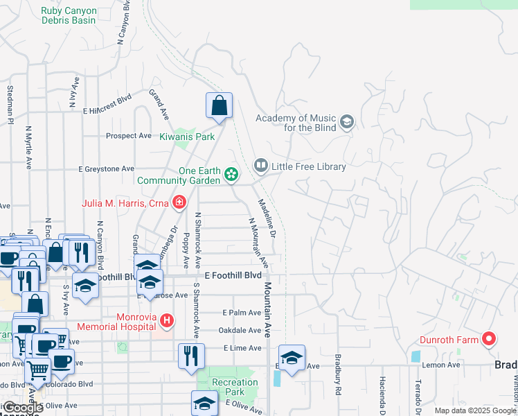 map of restaurants, bars, coffee shops, grocery stores, and more near 229 Madeline Drive in Monrovia