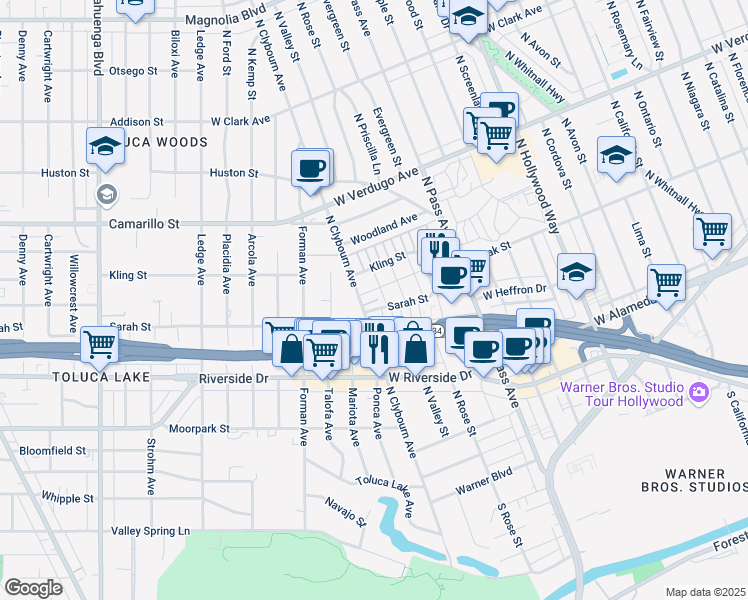 map of restaurants, bars, coffee shops, grocery stores, and more near 4413 West Sarah Street in Burbank
