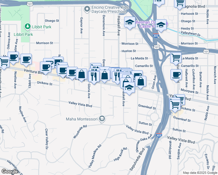 map of restaurants, bars, coffee shops, grocery stores, and more near 15760 Ventura Boulevard in Los Angeles