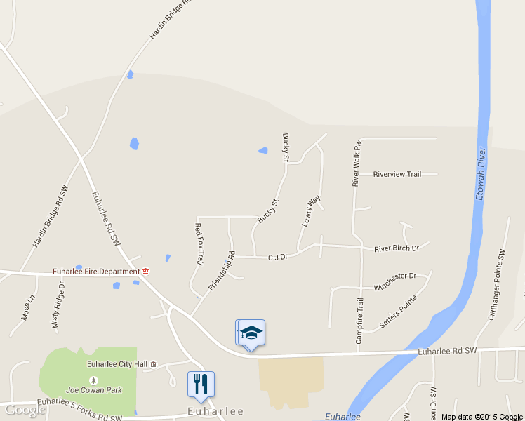 map of restaurants, bars, coffee shops, grocery stores, and more near 21 Bucky Street in Euharlee