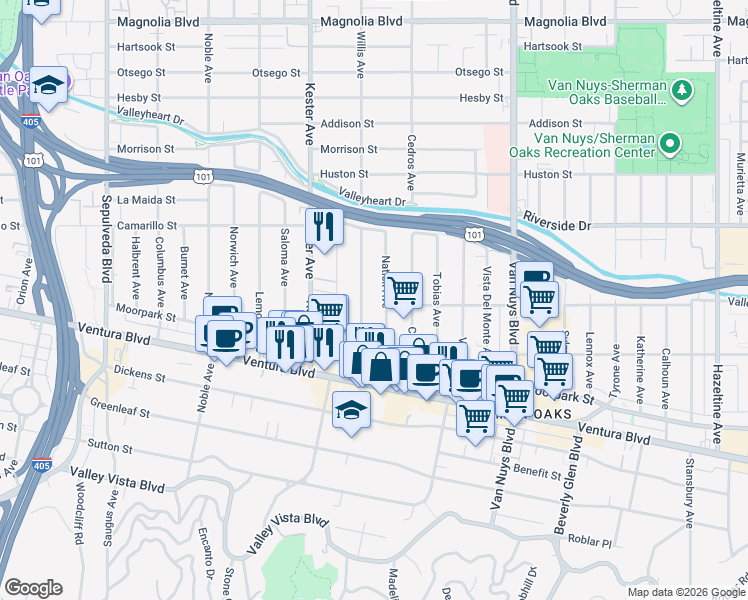 map of restaurants, bars, coffee shops, grocery stores, and more near 4630 Willis Avenue in Los Angeles