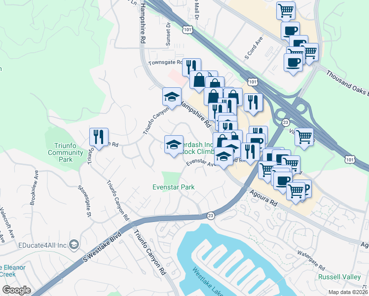 map of restaurants, bars, coffee shops, grocery stores, and more near 2351 Silver Spring Drive in Westlake Village