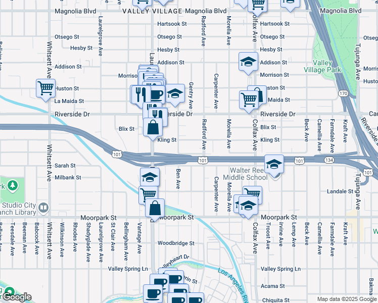 map of restaurants, bars, coffee shops, grocery stores, and more near 11940 Kling Street in Los Angeles