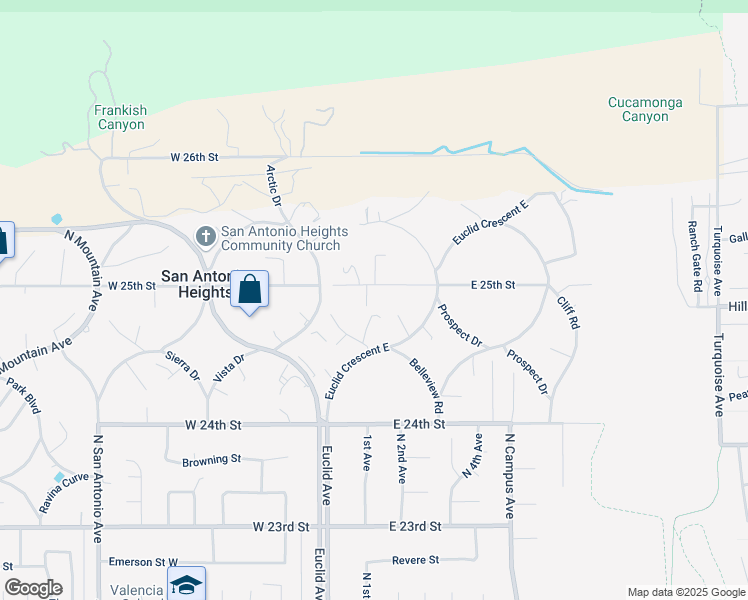 map of restaurants, bars, coffee shops, grocery stores, and more near 250 East 25th Street in Upland