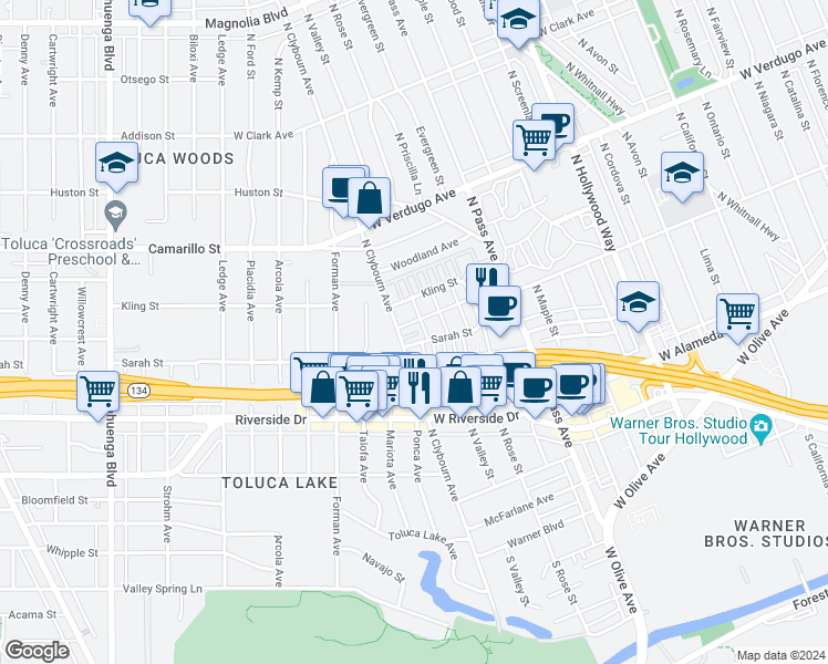 map of restaurants, bars, coffee shops, grocery stores, and more near 4433 West Sarah Street in Burbank