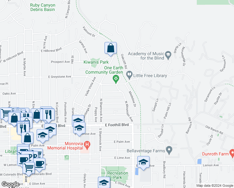 map of restaurants, bars, coffee shops, grocery stores, and more near 746 Mountain View Avenue in Monrovia