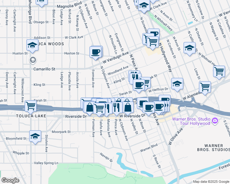 map of restaurants, bars, coffee shops, grocery stores, and more near 328 North Clybourn Avenue in Burbank