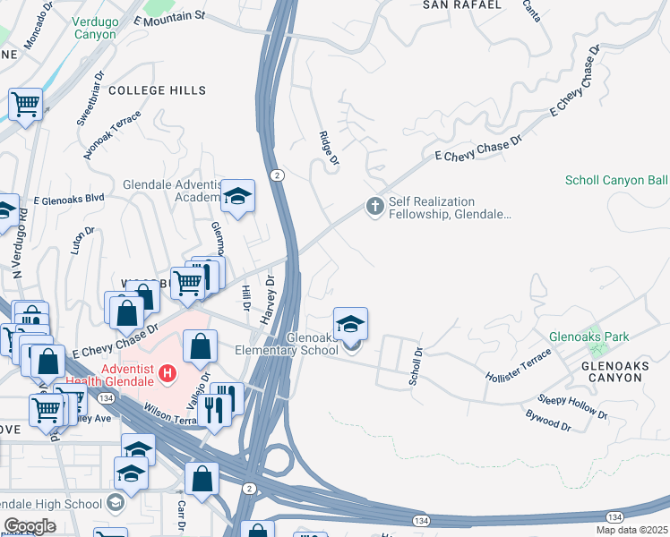 map of restaurants, bars, coffee shops, grocery stores, and more near 2087 Lilac Lane in Glendale