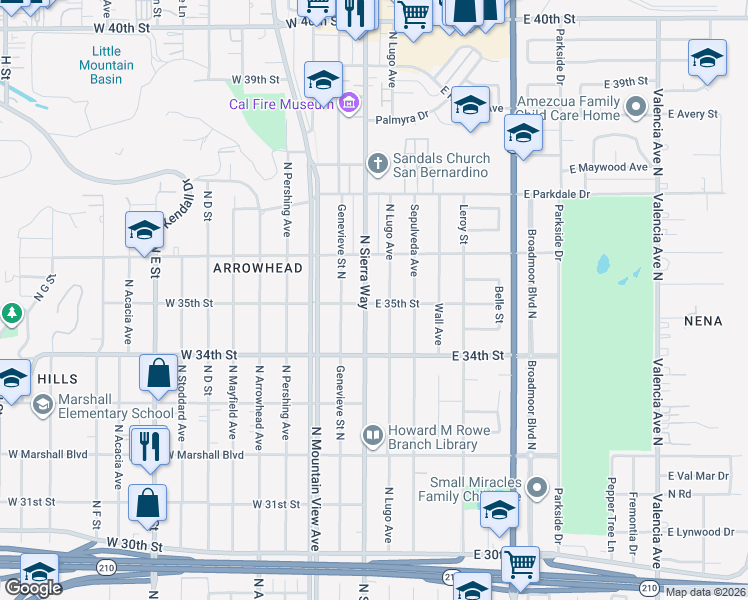 map of restaurants, bars, coffee shops, grocery stores, and more near 3507 North Sierra Way in San Bernardino