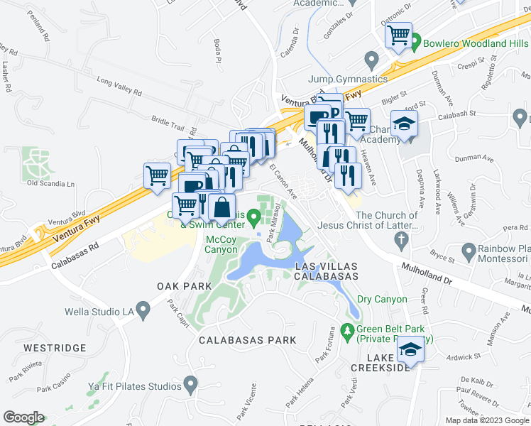 map of restaurants, bars, coffee shops, grocery stores, and more near 23400 Park Sorrento in Calabasas