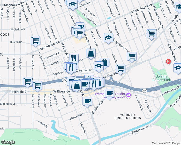 map of restaurants, bars, coffee shops, grocery stores, and more near 3810 West Heffron Drive in Burbank