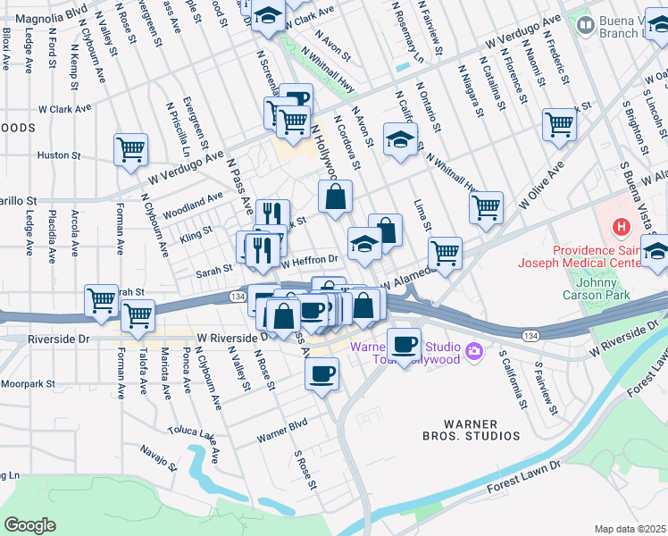 map of restaurants, bars, coffee shops, grocery stores, and more near 3810 West Heffron Drive in Burbank