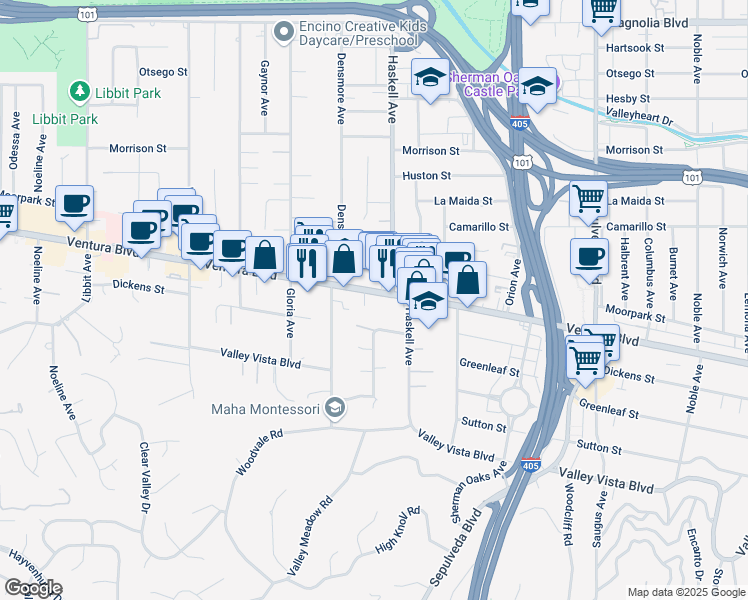 map of restaurants, bars, coffee shops, grocery stores, and more near 15720 Ventura Boulevard in Los Angeles