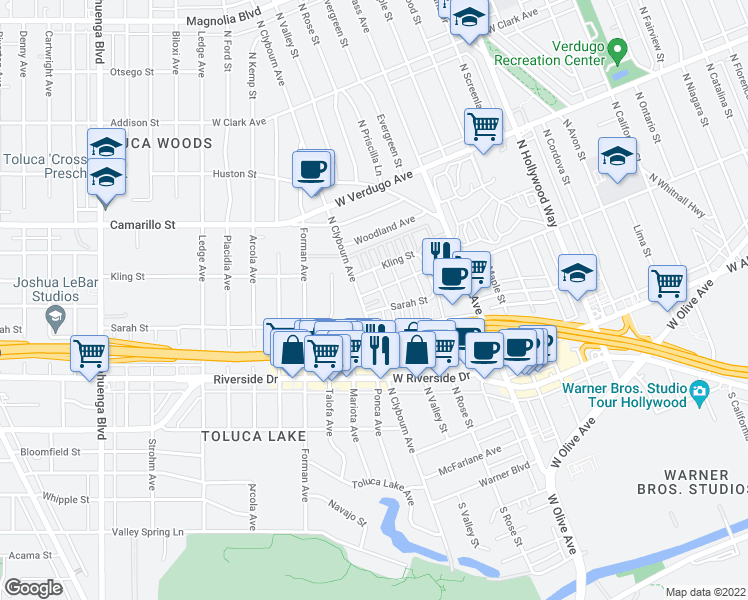 map of restaurants, bars, coffee shops, grocery stores, and more near 4413 West Sarah Street in Burbank
