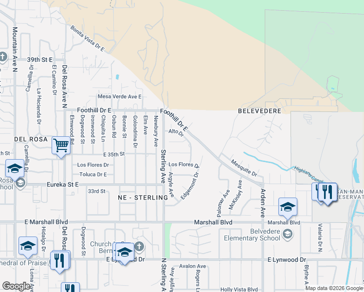 map of restaurants, bars, coffee shops, grocery stores, and more near 25825 Alto Drive in San Bernardino