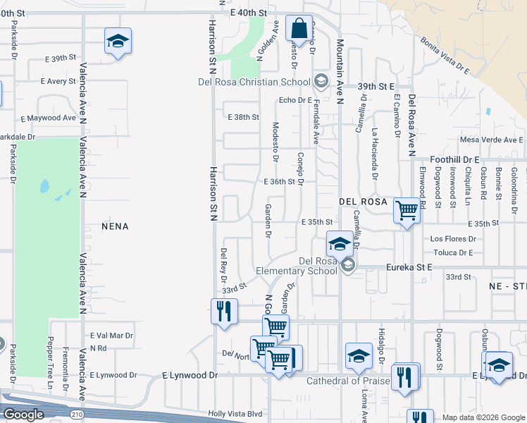 map of restaurants, bars, coffee shops, grocery stores, and more near 3513 Garden Drive in San Bernardino