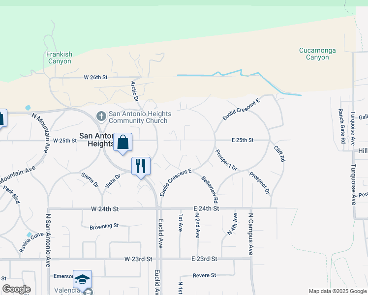 map of restaurants, bars, coffee shops, grocery stores, and more near 250 East 25th Street in Upland