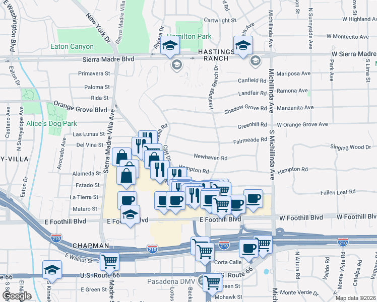 map of restaurants, bars, coffee shops, grocery stores, and more near 3605 Newhaven Road in Pasadena